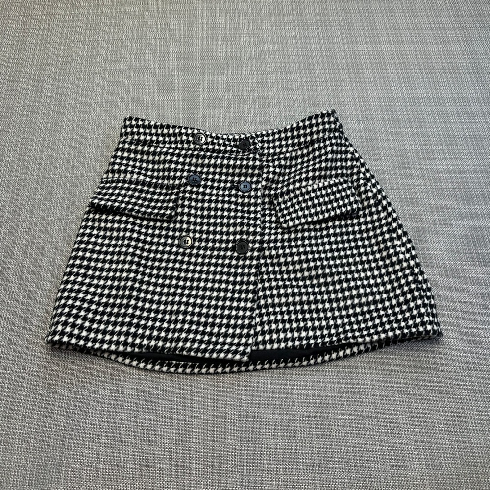 New Dark Academia Houndstooth Mini Skirt Small Retro Wool Blend Indie Black